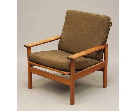 A RETRO TEAK FRAMED LOUNGE CHAIR with loose cushions in brown tweed, shaped arms, on rounded square section supports and stre
