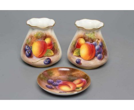 A PAIR OF ROYAL WORCESTER CHINA VASES, 1954, of tapering rounded cylindrical form with lobed rim, painted in colours by Maybu