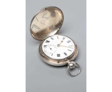 A GEORGE III SILVER HUNTER CASED POCKET WATCH, the white enamel dial with black Roman numerals enclosing subsidiary seconds d