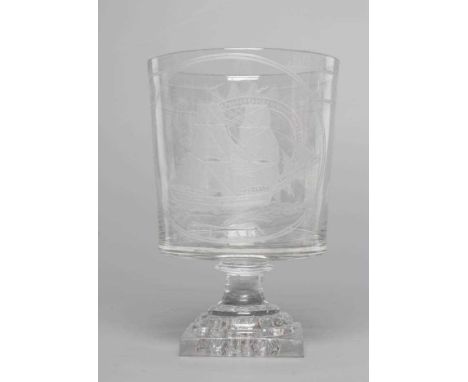 A GLASS RUMMER, late 18th century, the slightly flared plain cylindrical bowl etched with "Cesar", a double masted sailing sh
