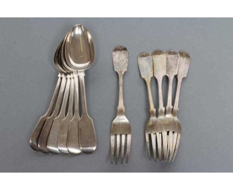 A SET OF SIX VICTORIAN SILVER DESSERT SPOONS, maker W.R. Sorley, Exeter 1851, in Fiddle pattern, together with one matching f
