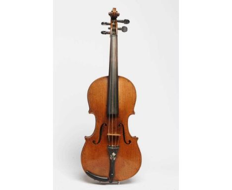 A VIOLIN, the wide grained fascia with notched sound holes, inlaid single purfling and mother of pearl inlaid tail piece, map