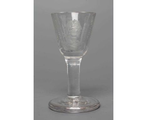 A COMMEMORATIVE FIRING GLASS, mid 18th century, the round funnel bowl engraved "The Glorious Memory" around a bust portrait o