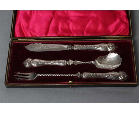 AN EDWARDIAN SILVER THREE PIECE AFTERNOON TEA SERVING SET, maker John Biggin, Sheffield 1906, with art nouveau style foliate 