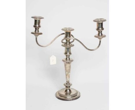 A TWO BRANCH THREE LIGHT SILVER CANDELABRUM, maker Barker Ellis Silver Co., Birmingham 1976, the fixed reel sockets with gadr