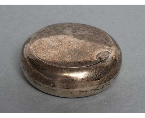 A GEORGE V SILVER SNUFF BOX, maker George Unite, Birmingham 1911, of plain cushion form with flat hinged cover, 2 3/4" diamet