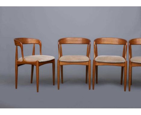 JOHANNES ANDERSEN, A SET OF SIX TEAK MODEL 16 DINING CHAIRS, with padded seats in (later) pink dralon, 18 1/2" x 17 1/2" x 28