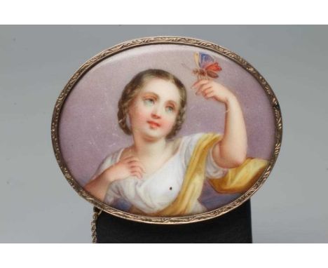 A GERMAN PORCELAIN OVAL PANEL painted in polychrome enamels with a portrait of a young girl wearing a yellow draped white dre