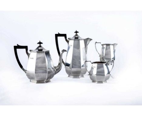 A FOUR PIECE SILVER TEA AND COFFEE SERVICE, maker J. Davis &amp; Son, Sheffield 1935, (jubilee mark), of tapering rounded oct