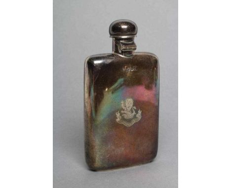 A LATE VICTORIAN SILVER HIP FLASK, maker Huttons, London 1901, of plain rounded oblong form with patent action screw-down cov