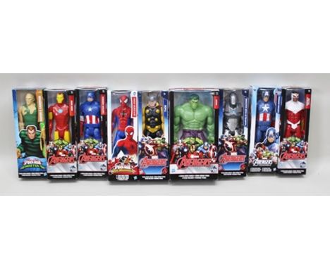 NINE BOXED HASBRO MARVEL ACTION FIGURES including Spiderman, Hulk, Captain America, Iron Man, Thor, Marvel's Falcon, Marvel's