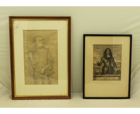 EUG*** B*** A study of a uniformed soldier, a Pencil Sketch, inscribed, 29cm x 17.5cm, and an ENGRAVING titled "Carolus Stuar