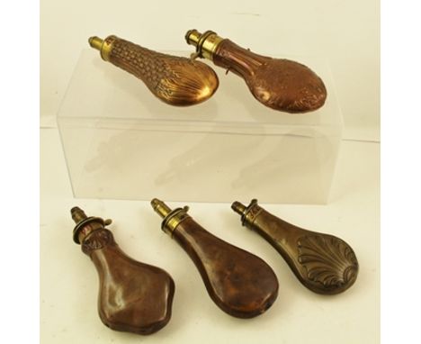 A COLLECTION OF FIVE 19TH CENTURY POWDER FLASKS including one embossed with a Stag hunting scene, a basket weave one and an o