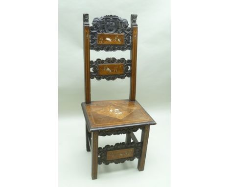 A 19TH CENTURY CONTINENTAL HIGH BACK SINGLE CHAIR, having carved back with armorial flanked by masks, marquetry inlaid with 1