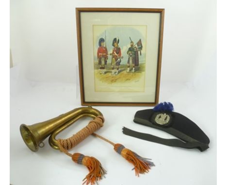 A CAMERON HIGHLANDERS BRASS TRUMPET bears regimental badges and stamped marks, a Cameron Highlanders Glengarry with blue feat