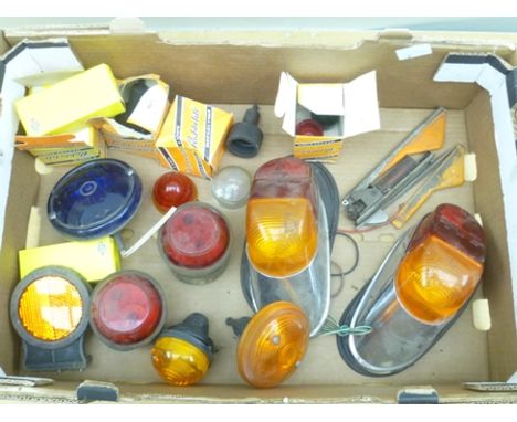 A PAIR OF MORRIS MINOR REAR LIGHT CLUSTERS, some indicator arms, various lamps, bulbs and fittings 