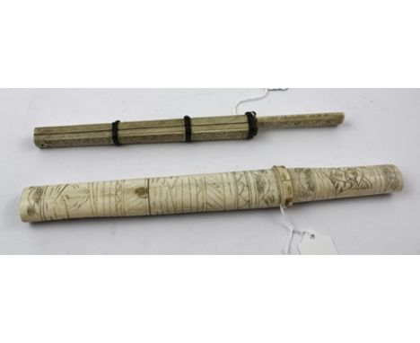 A JAPANESE MEIJI PERIOD CARVED BONE TRAVELLING EATING SET, comprising knife in scabbard with bound metal mount, (chopsticks m