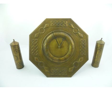A LATE 19TH CENTURY PROBABLY GERMAN ARTS & CRAFTS INFLUENCED WALL CLOCK, having twin train with brass clad weights, lantern p