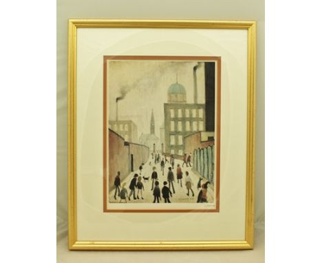 AFTER LAURENCE STEPHEN LOWRY R.A. (1887-1976) "Industrial scene" with mills and church, a colour reproduction, signed in penc