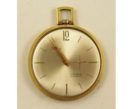 A 1970'S PILOT EBAUCHE CALIBRE ROLLED GOLD DRESS POCKET WATCH having seventeen jewel keyless cover mechanism with incabloc an