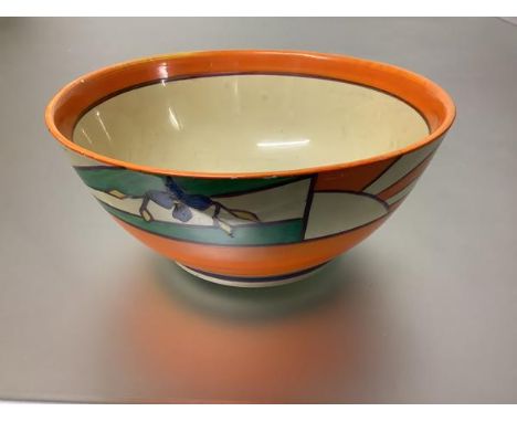 Clarice Cliff Fantasque bowl for Wilkinson, with a broad border in the Sunray and Leaves pattern, against an orange body, pri