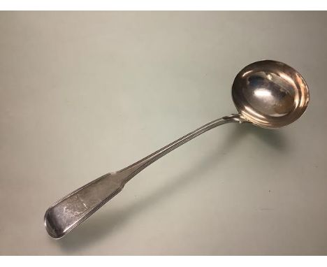 A George III silver soup ladle, Thomas Wilkes Barker, London, 1808, Fiddle and Thread pattern, engraved with a crest. Length 