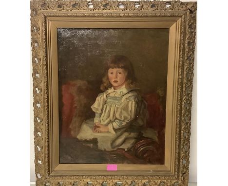 British School, c. 1900, Portrait of a Young Girl with a Spinning Top, monogrammed "JA" lower left and dated 1895, framed. 50