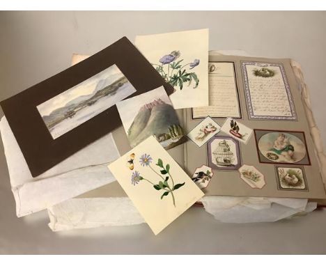 An album of 19th century drawings, watercolours and engravings including approximately 30 drawings/watercolours, mostly topog