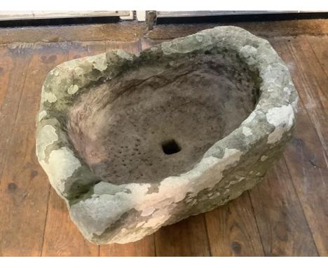 A Scottish carved stone trough planter, of shaped rectangular form, drilled for drainage. 50cm by 37cm by 25cm