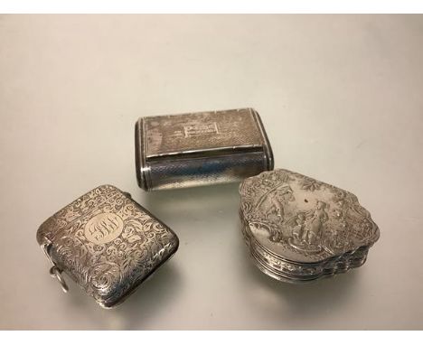 A group of 19th century silver boxes comprising: a George III snuff, John Shaw, Birmingham 1818, of rectangular form with rou