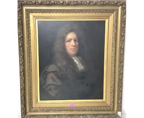 British School, c. 1700, Portrait of a Gentleman in a Lace Cravat, half-length, oil on canvas, in a gilt-composition frame. 6