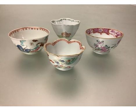 A group of four Chinese famille rose porcelain tea bowls comprising: the first, lobed with scalloped rim painted with fans an