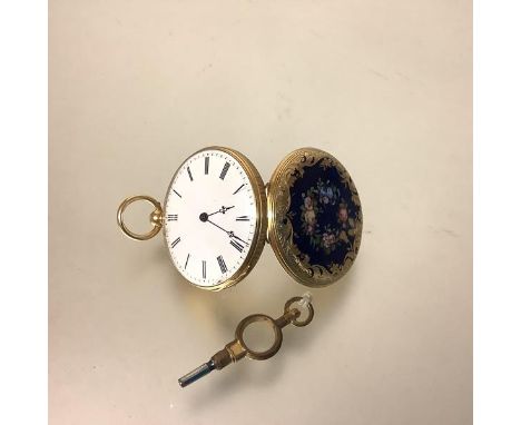 A late 19th century Swiss lady's 18ct gold and enamel open face fob watch, the white enamel dial with Roman numerals within a