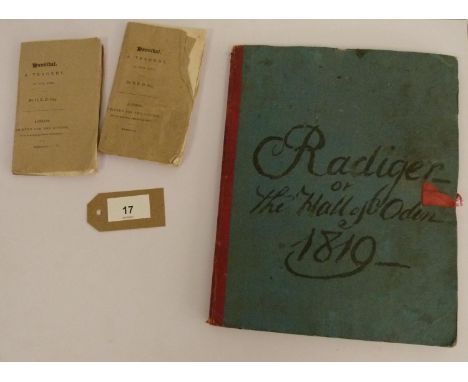 DUFF HUGH ROBERT, of Muirtown.&nbsp;Radiger or The Hall of Odin, A Tragedy, In Five Acts. 52pp anonymous publication, the lea