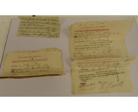 New South-Sea Annuities.&nbsp;9 certificates of the purchase of Stock. Printed in red &amp; black with manuscript details. 17