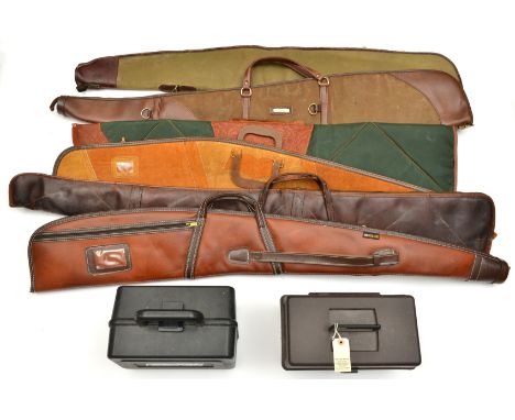 6 various fleece lined or padded leather, leatherette or canvas gun slips; a moulded plastic cartridge box to hold 100 x 20 b