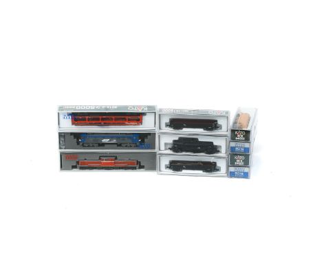 A quantity of N gauge railway in Japanese outline by Kato, Japan. Including; a Bo-Bo electric locomotive, EF210-108, in blue 