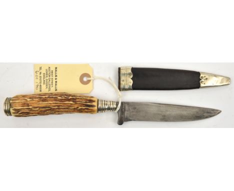 A German hunting knife,  SE blade 4¾” (tip repointed) WM cap to staghorn grip with WM top, leather sheath with WM locket and 