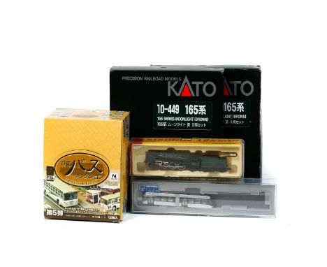 3x N gauge railway train packs in Japanese outline by Kato, Japan. 2x 165 Series 3-car train packs in brown, each with one po