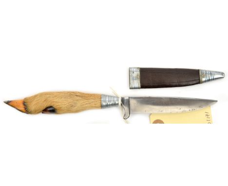 A German hunting knife, SE blade 4” by Puma Solingen, deer’s foot hilt with steel mounts, in its panelled brown leather sheat