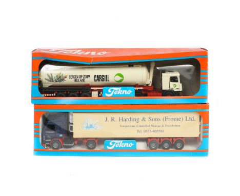 3x Tekno 1:50 scale articulated tractor units with trailers. A refer trailer, Harding the Sons, Frome. A box trailer, Eddie S