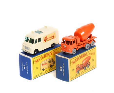 2 Matchbox Series Vehicles. No.26 Foden Cement Lorry in orange with silver trim and G.P.W. Plus a No.62 Commer TV Service Van