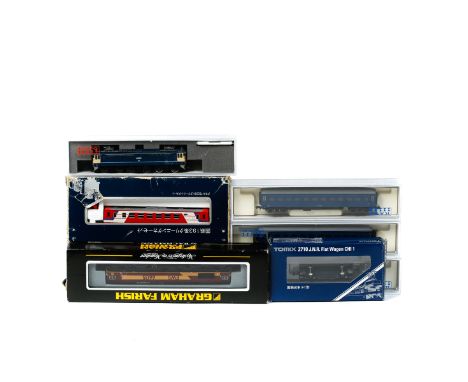 A quantity of N gauge railway by Tomix and Kato, Japan. Including; a Class 66 Co-Co diesel loco in EWS maroon and yellow live