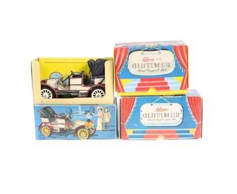 3x Schuco Old Timer Series clockwork vehicles. A Ford Coupe T 1917 (1227) in maroon and black. Plus 2x Mercedes Simplex anno 