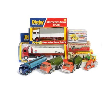 9 Dinky Toys. A Bedford TK Refuse Wagon (978) in metallic green with light grey rear tipping body, red cab interior and plast