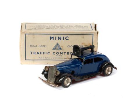 Tri-ang Minic Traffic Control Car (No.29M). A post-war example with dark blue body, black wings and red painted base plate. F
