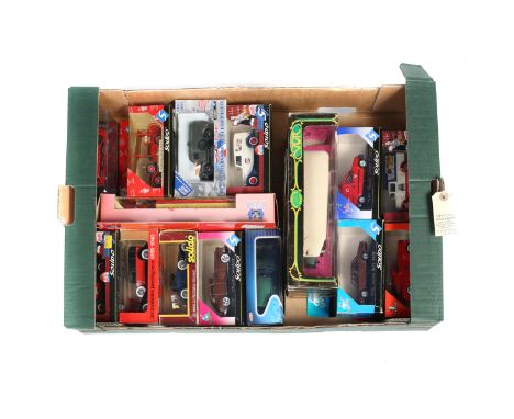 32 vehicles by Solido. Including; Renault Bus, Jaguar XJ12, Renault Kangoo, Ford Truck, Citroen Fire Engine, Cord L29, Chrysl