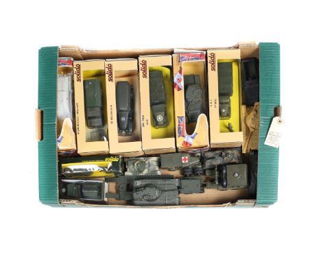 16 Military vehicles by Solido. Including; Mercedes Ambulance, Cadillac Staff Car, GMC Tolee, GMC Truck, Willys Jeep, GMC Le 