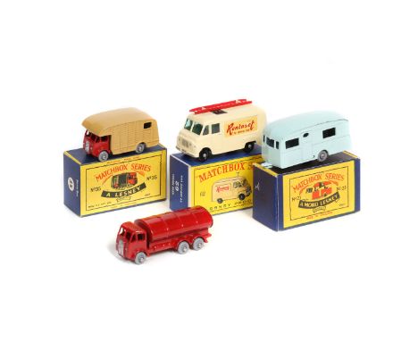 4 Matchbox Series. No.35 ERF Horse Box. Red cab and chassis, light brown rear body and G.P.W. No.23 Caravan. In light blue wi