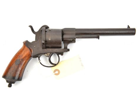 A Continental, probably Belgian, 6 shot 11mm open frame DA pinfire revolver, 11¼” overall, round barrel 6¼”, with ejector rod